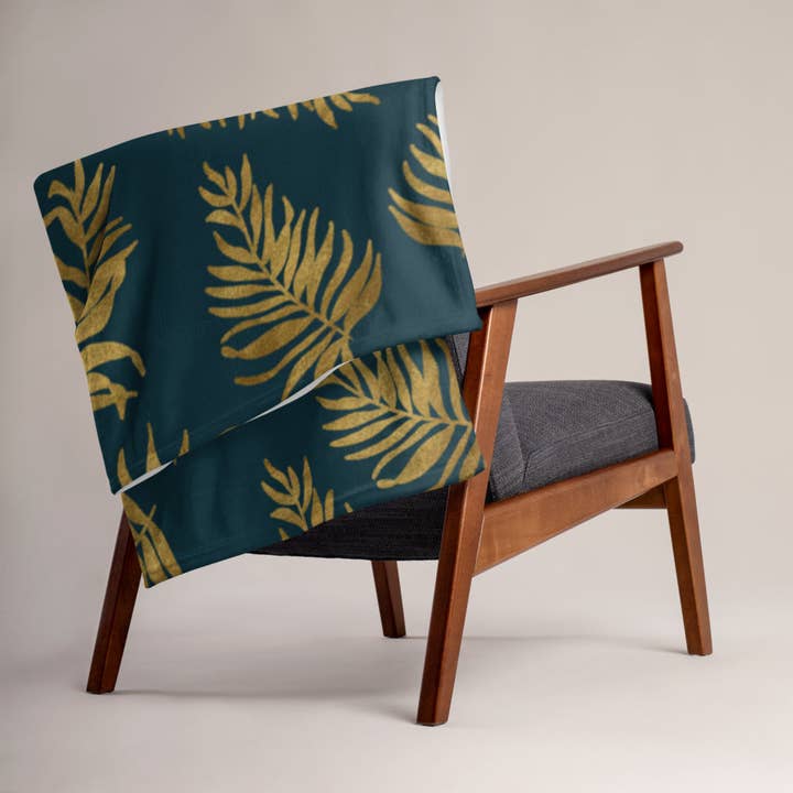 Throw Blanket - Palm Leaves in Gold and Teal for wholesale by The Shamal