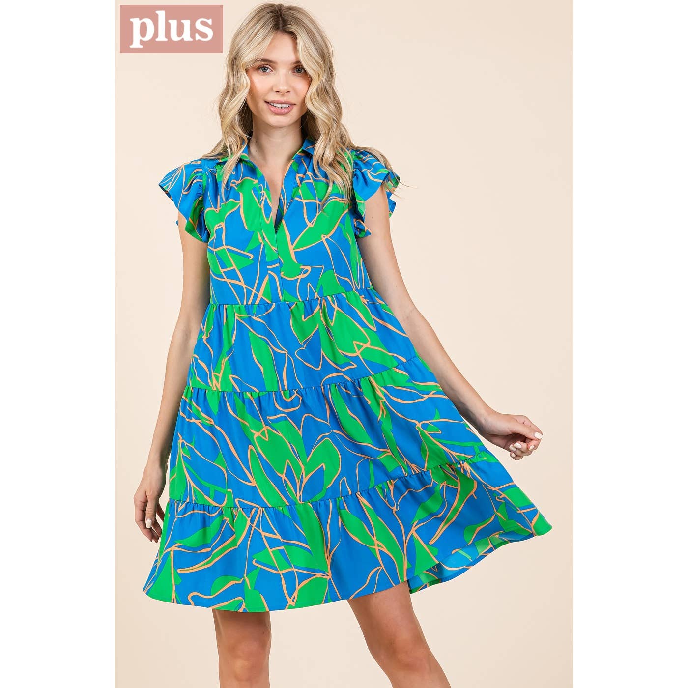 mittoshop - Wholesale Dress - Women's - PLUS LEAF PRINT RUFFLE SLEEVE TIERED MINI DRESS1