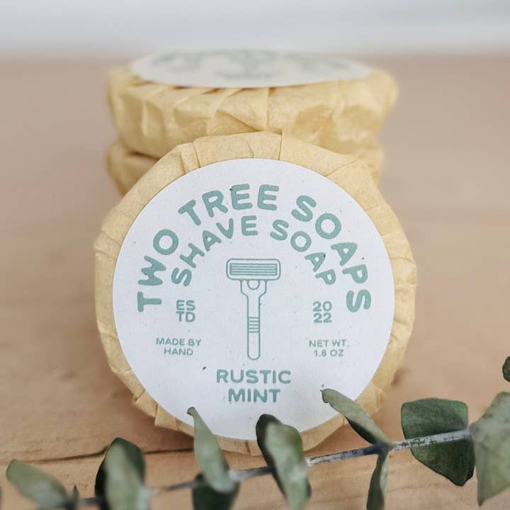 Natural Handmade Shave Soap - Rustic Mint for wholesale by Two Tree Soaps