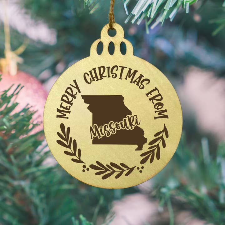 Merry Christmas from Missouri Wooden Ornament – 3" Round for wholesale by Mermaid of Hilton Head