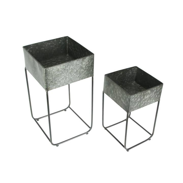 Zeckos - Wholesale Plant Pot - Set of 2 Galvanized Zinc Square Metal Planters On Stands