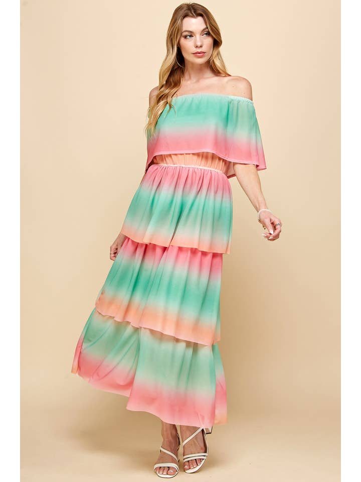 Grøn/Flamingo ISD1211B Rainbow Kjole Off-Shoulder Grøn Lyserød for engroshandel på Faire