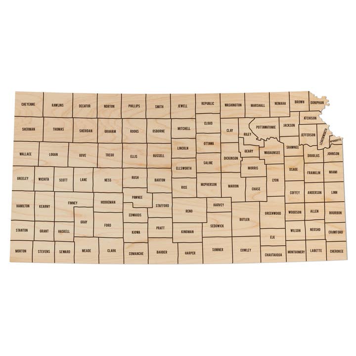 Kansas County Map Wall Hanging - Crafted from Cherry or Maple Wood for wholesale by LazerEdge