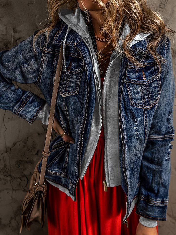 LDC Fake Two-Piece Hooded Zip-Up Denim Jacket for wholesale by Little Daisy Closet