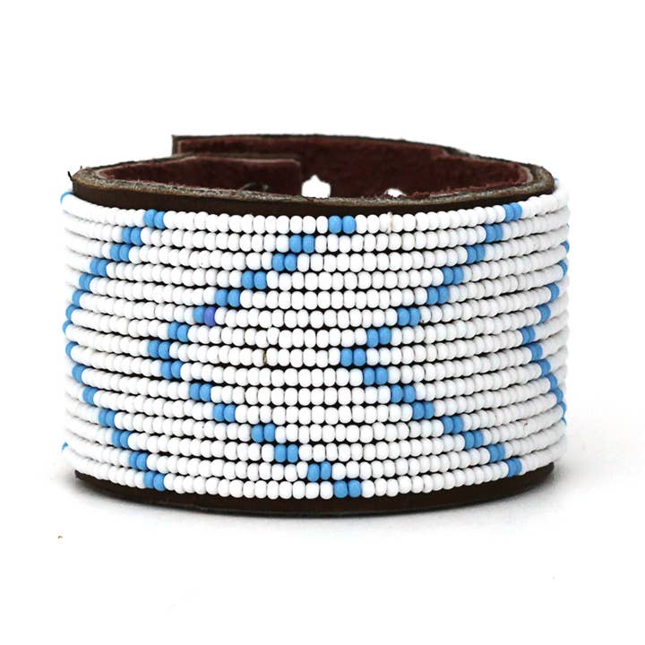 Large Light Blue Chevron Leather Cuff for wholesale by Swahili Coast