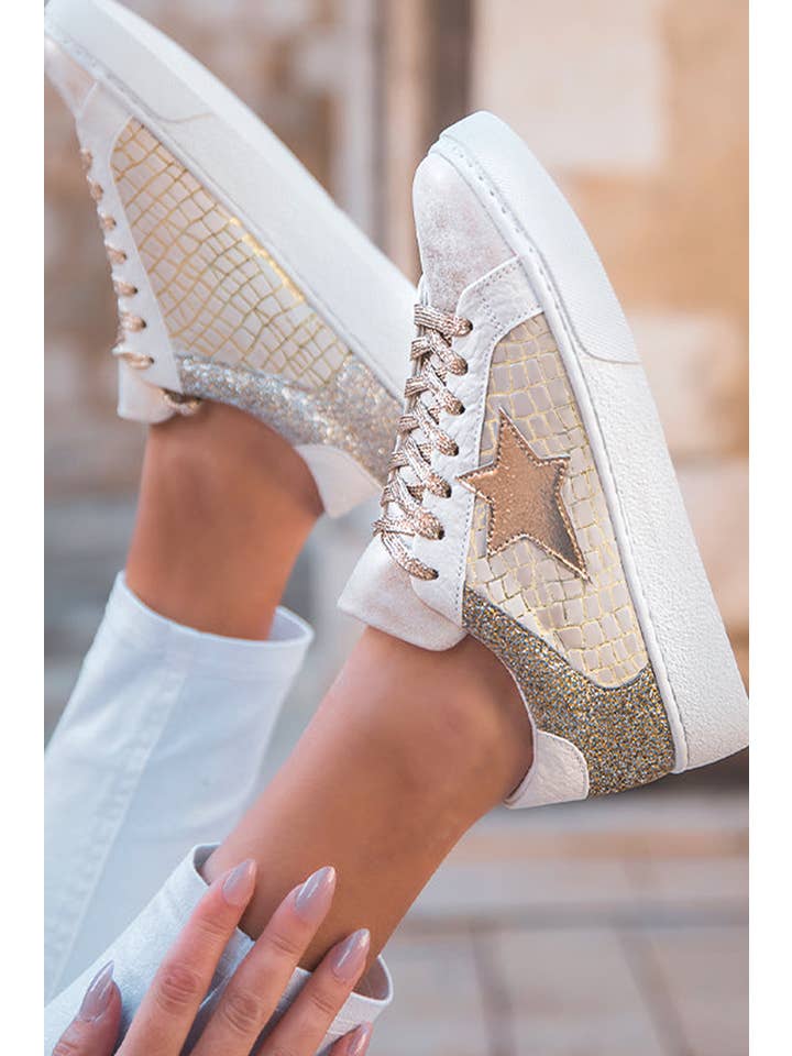Gold LDC Glitter Star Patchwork PU Leather Lace-up Sneakers for wholesale on Faire2