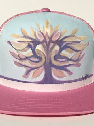 „Pink Tree“ Håndmalet på Pink Snapback Trucker Hat for engroshandel hos Mary Bea Art
