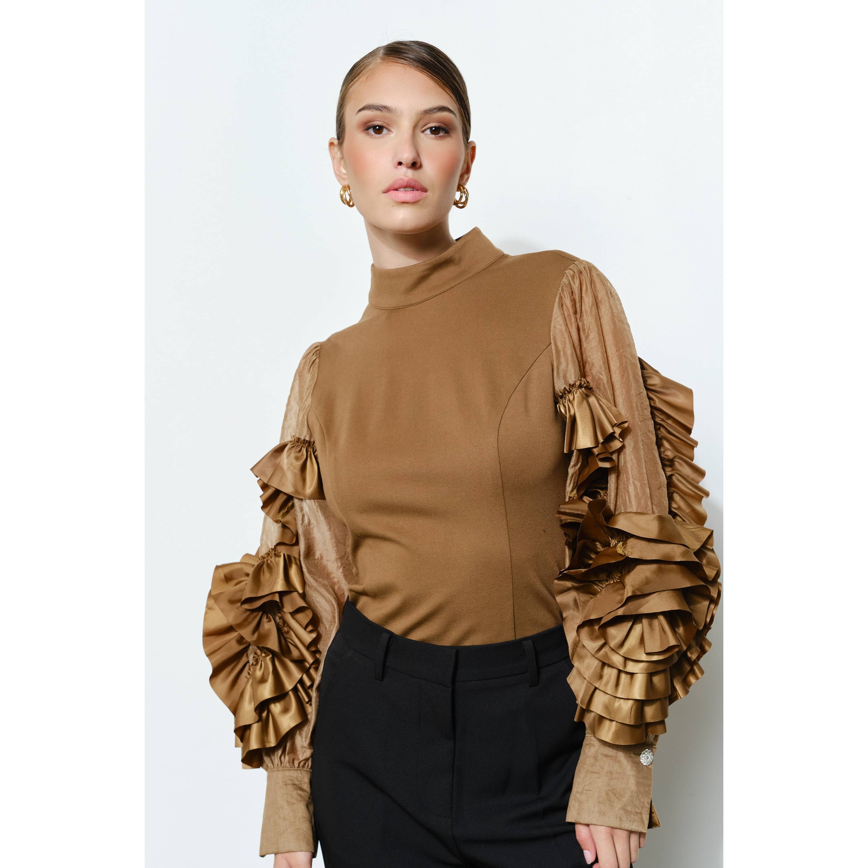 INA - Wholesale Blouse - Women's - Rosette Ruffle Sheer Sleeve Jersey Top17
