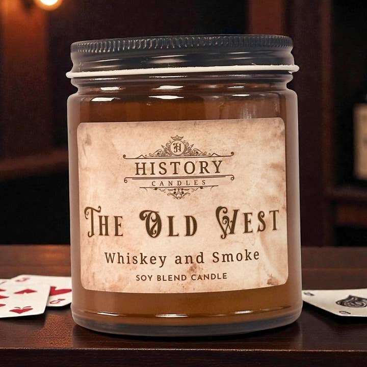 OLD WEST Candle | Whiskey and Smoke Gift Shop Memorabilia for wholesale by History Candles
