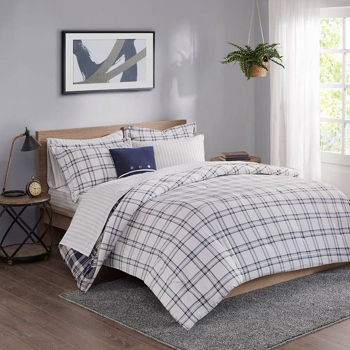 Reversible Complete Comforter and Sheet Set, Blue Plaid for wholesale by Olliix