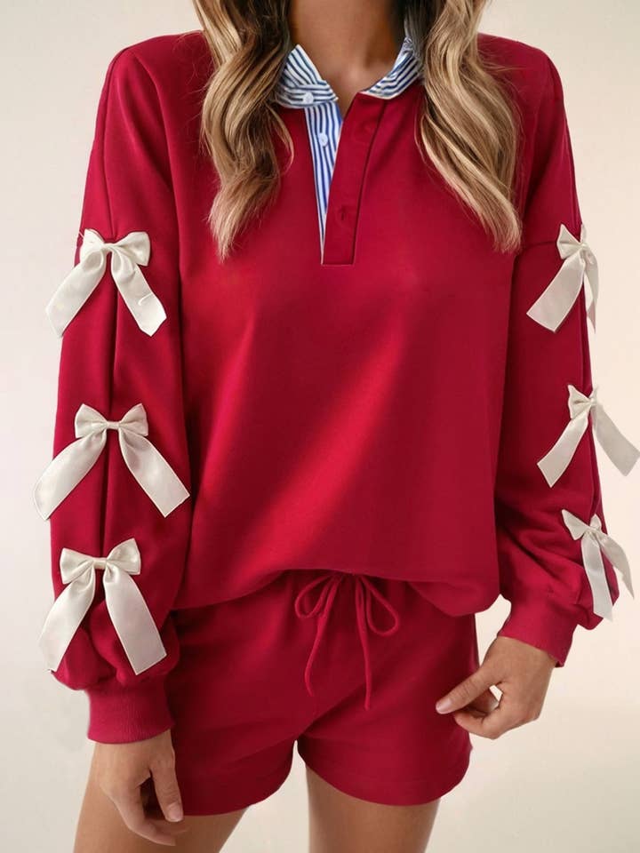 Bow Decorated Long Sleeve Top and Drawstring Shorts Set for wholesale by LA Society