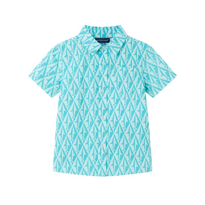Kids (2-8) Geo Shark Short Sleeve Buttondown | Aqua for wholesale by Andy & Evan