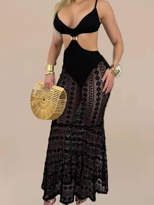 Lace Trim Halter Sleeveless Mesh Maxi Dress(C) for wholesale by BELLISSIMA FASHION