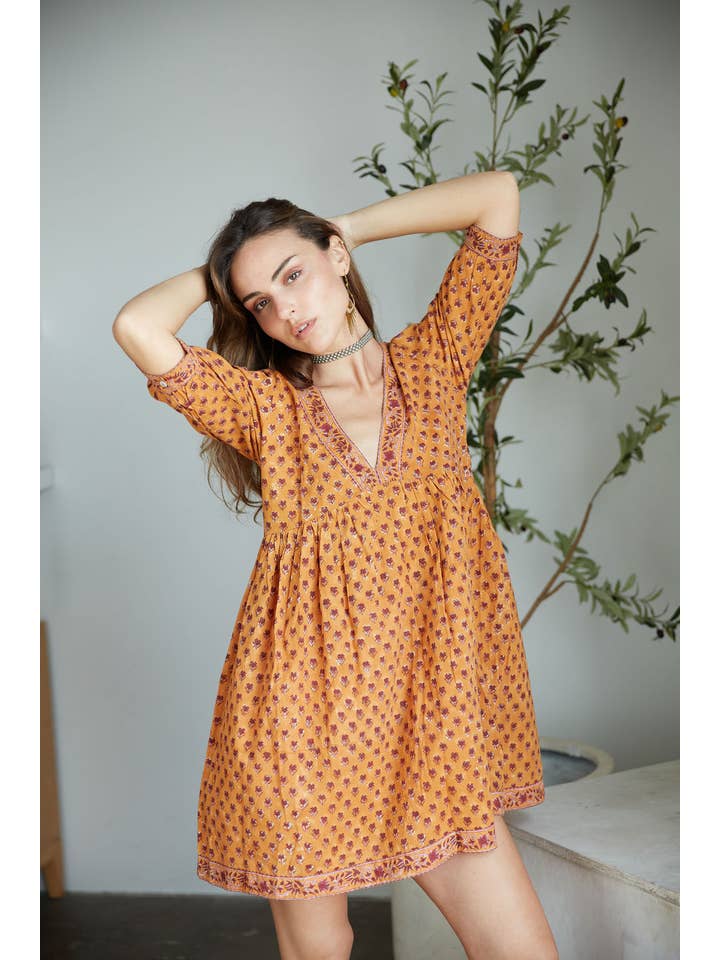 The Fox and The Mermaid - Wholesale Dress - Women's - Block Printed Cotton Mini-Dress (Maile Dress- Cayenne)