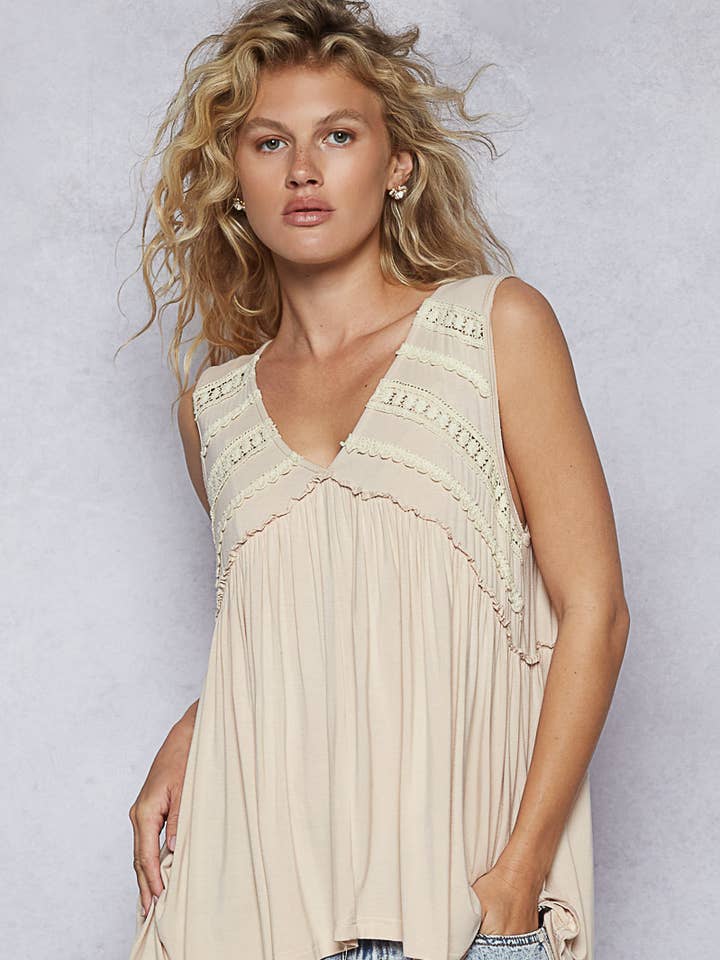 Pol Clothing - Wholesale Knit Top - Women's - Sleeveless loose fit v-neck babydoll casual knit top SALE