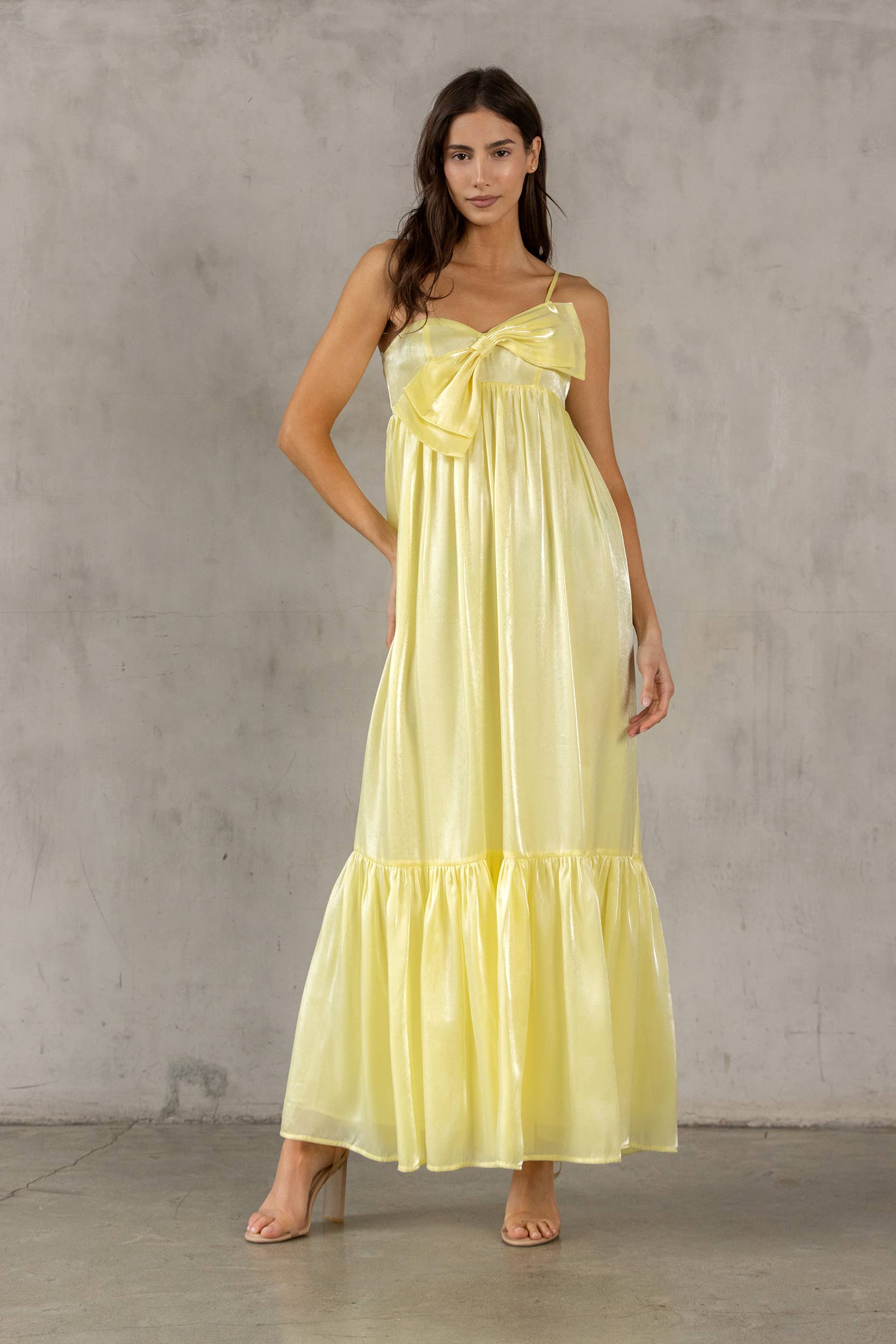 STORIA - Wholesale Dress - Women's - HD2231- SATIN METALLIC SHEEN MAXI BOW DRESS