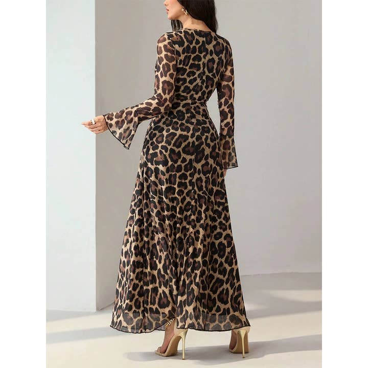 Brown V-Neck Leopard Print Long Sleeve Split Maxi Dress ZK3631 for wholesale on Faire2