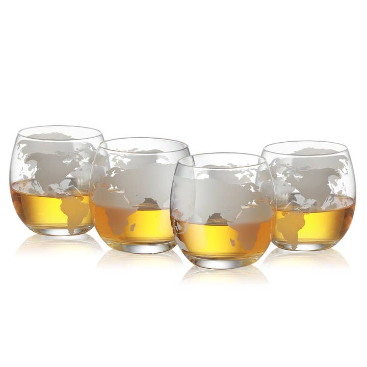 The Wine Savant / Khen Glassware – wholesale Decanter – Etched World, Ship Whiskey Globe Decanter Set of 4 Glasses