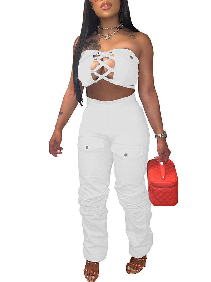 MB Fashion Wholesale - Wholesale Top & Pant Set (NOT Loungewear) - Women's - MB FASHION Strapless Lace-Up Top and Cargo Pants Set 8374LY