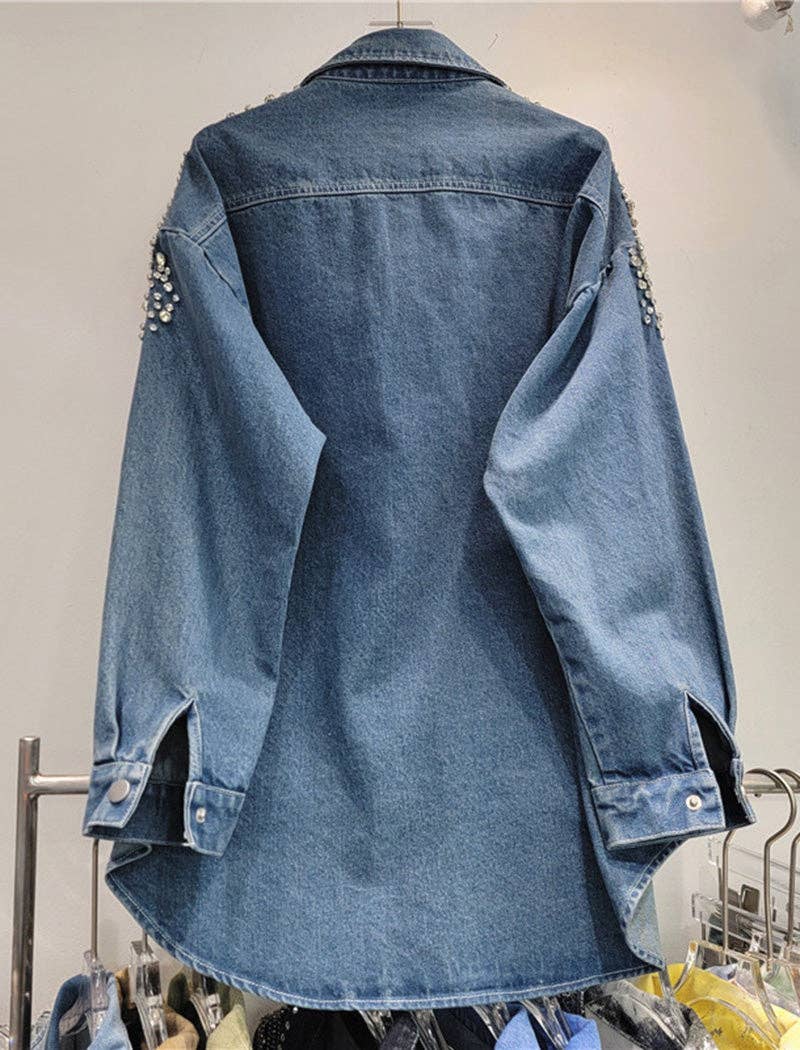 BLUE Embellished Oversized Denim Shirt for wholesale on Faire5