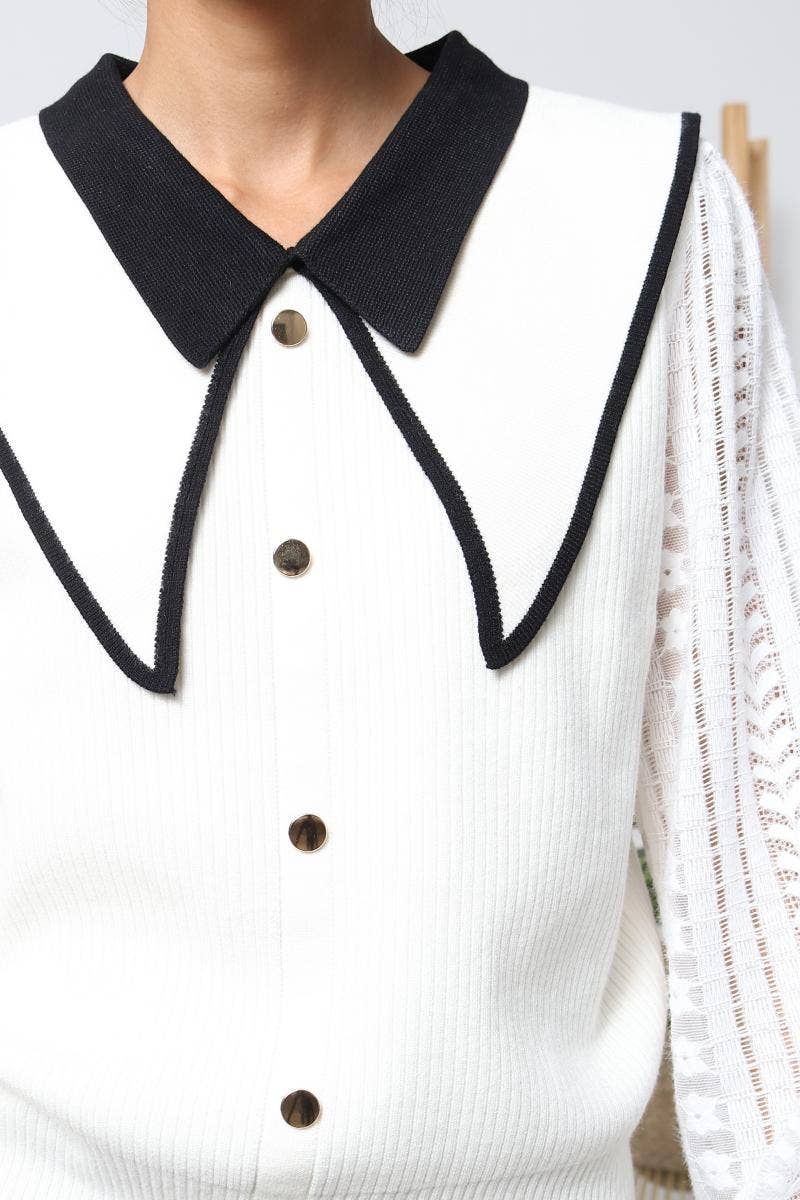 DIX-ONZE - Vendita all'ingrosso Cardigan - Donna - Cardigan con Colletto Claudine a Contrasto e Maniche in Pizzo7