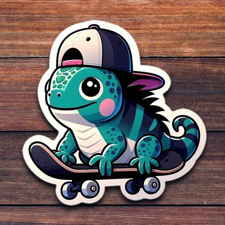 Kawaii Iguana Skateboard - Wholesale Die Cut Vinyl Sticker for wholesale by ADH Stickers