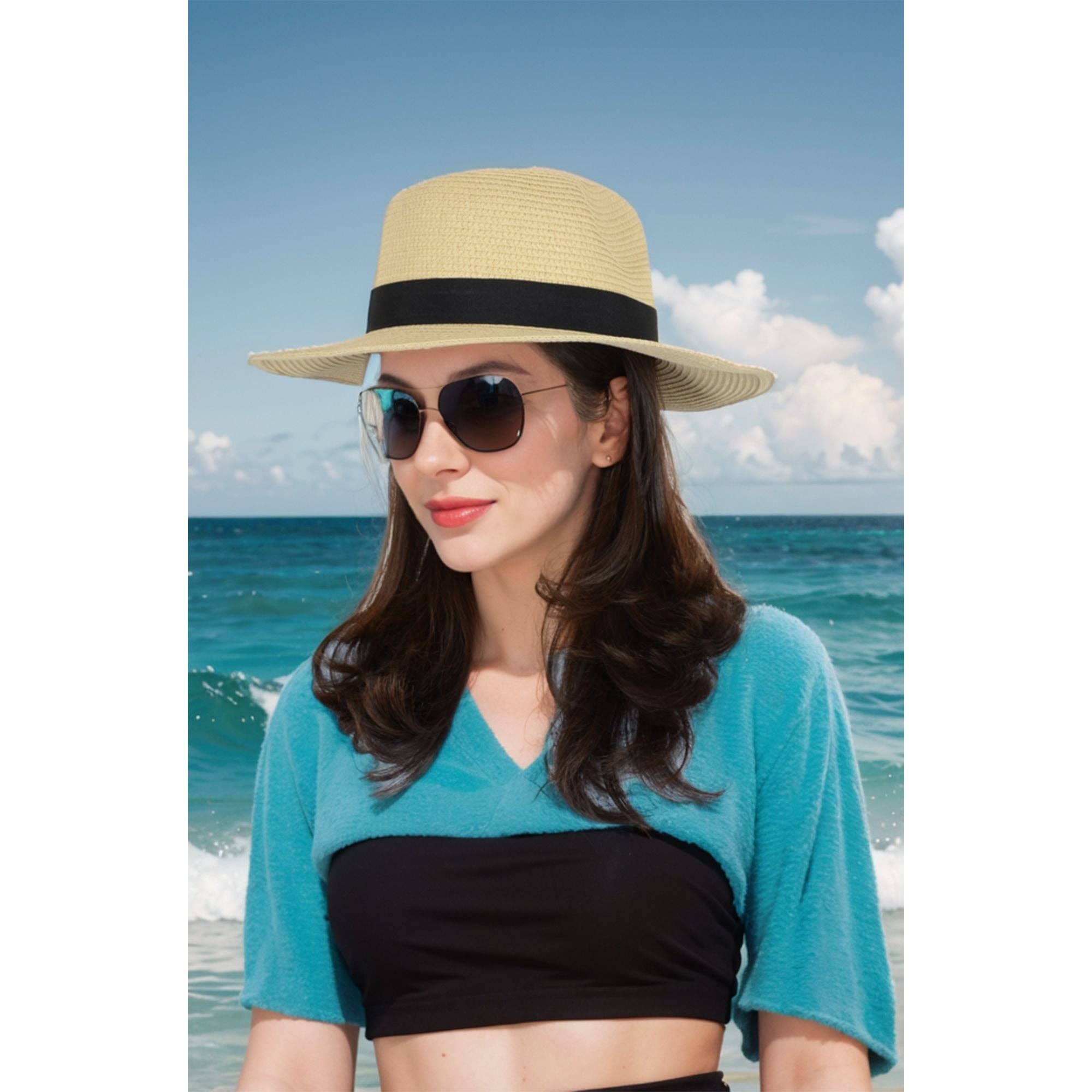 AK Brand - Wholesale Straw Hat - Women's - Wide Brim Straw Fedora Sun Hat Black Band Panama UV Hat1
