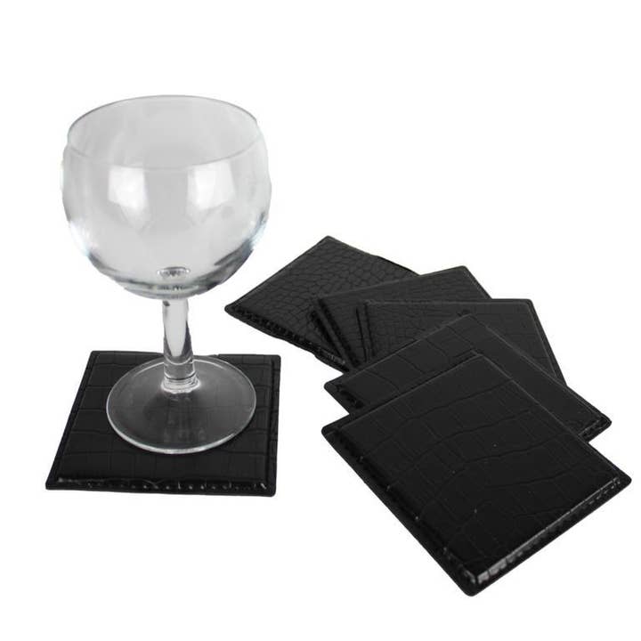 Set of 6 crocodile black faux leather glass coasters for wholesale by Signature Home Collection GmbH