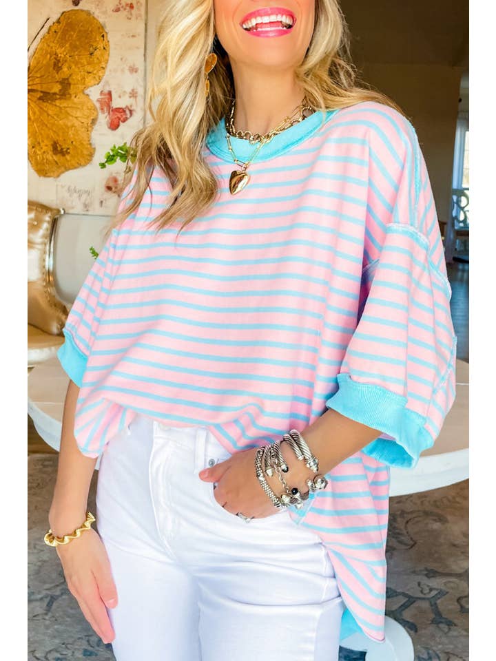 Pink Stripe Colorblock Drop Sleeve Loose Top for wholesale on Faire6
