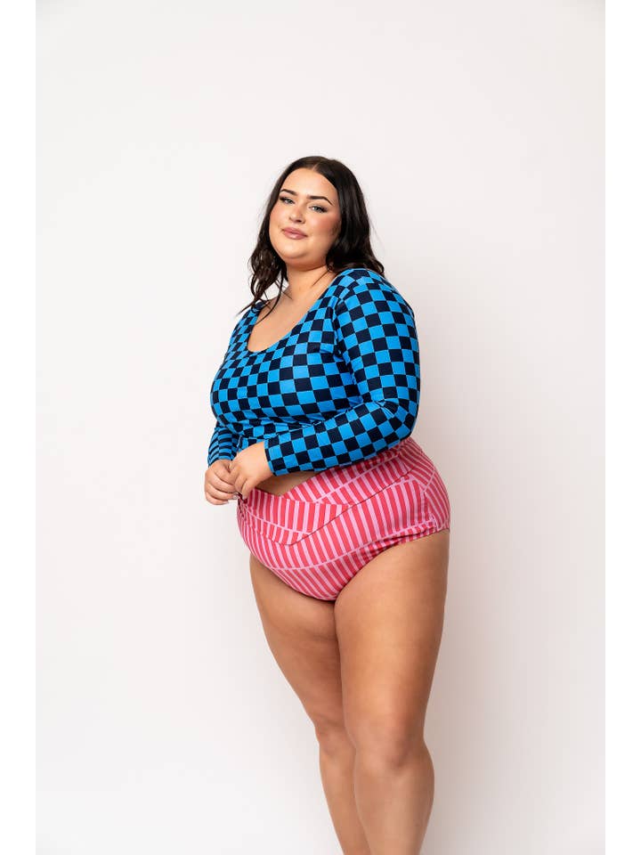 Blue Check Scoop Neck Rashguard Swim Top for wholesale on Faire2