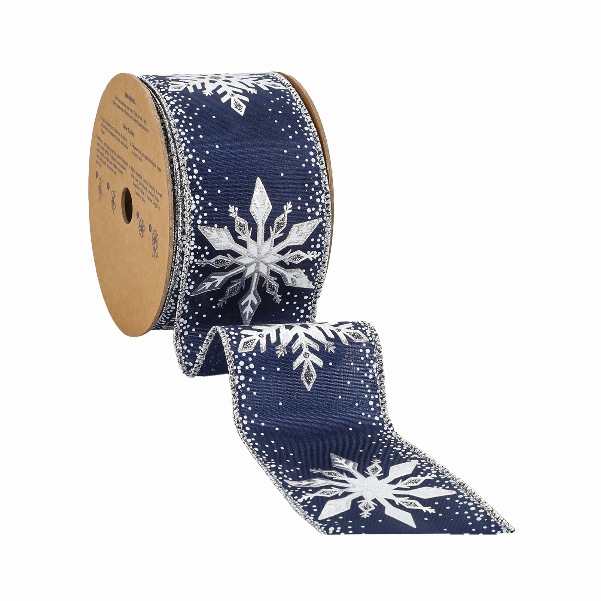 LA Ribbons Wholesale - Vendita all'ingrosso Nastri - Confezione regalo - Nastro cablato da 2 1/2" | "Fiocco di neve glitterato" Blu navy/Argento | Rotolo da 10 iarde2