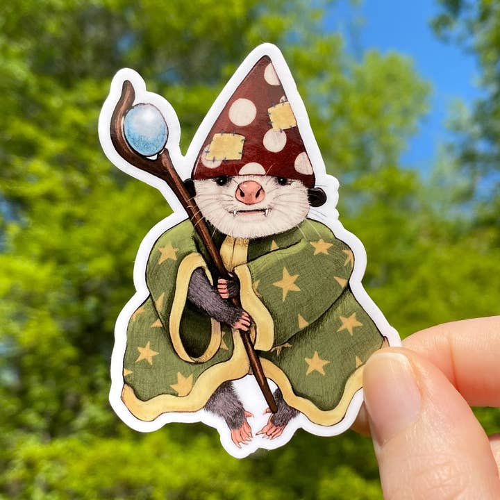 Silly Sorcerer Opossum Weatherproof Vinyl Sticker for wholesale by Allison Stoiser Art