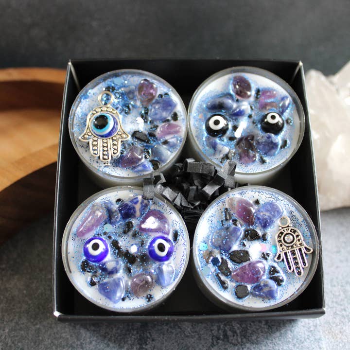 Moondust and Raven - Wholesale Tea Light Candles - Evil Eye Tealight Crystal Candles, Ritual Candles