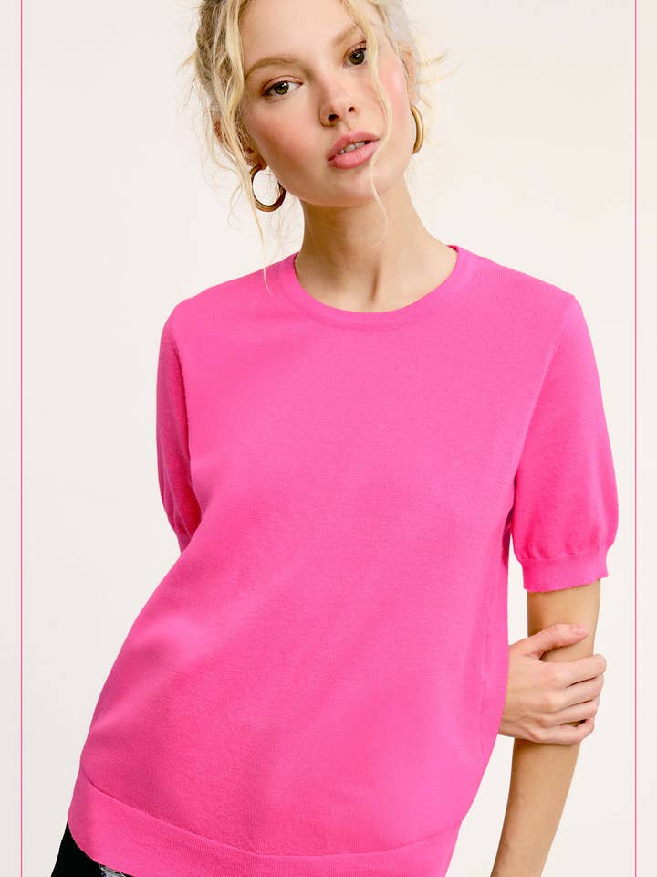 Top de punto elástico básico MCS3600-Soft de manga corta y abullonada para venta al por mayor de La Miel