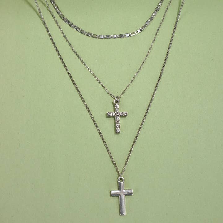 Silver MULTI LAYER DOUBLE CROSS RHINESTONE NECKLACE | 80N1056 for wholesale on Faire