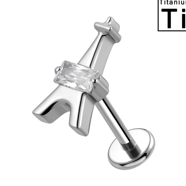 Titanium Labret Piercing with Eiffel Tower and Crystal for wholesale by Awaken