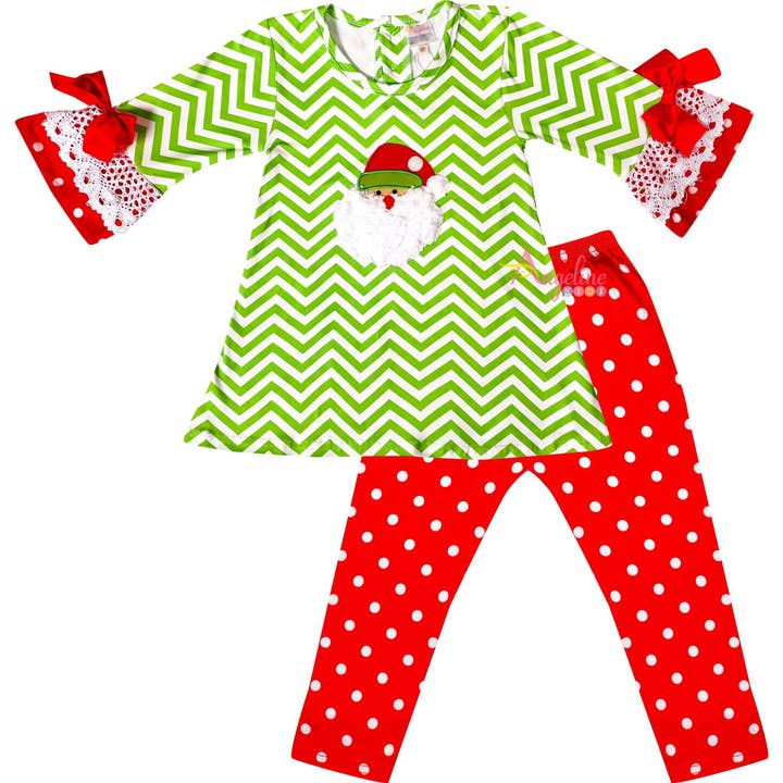 Baby Toddler Little Girls Christmas Santa Polka Dot Chevron Outfit - Lime Red for wholesale by Amor Babee