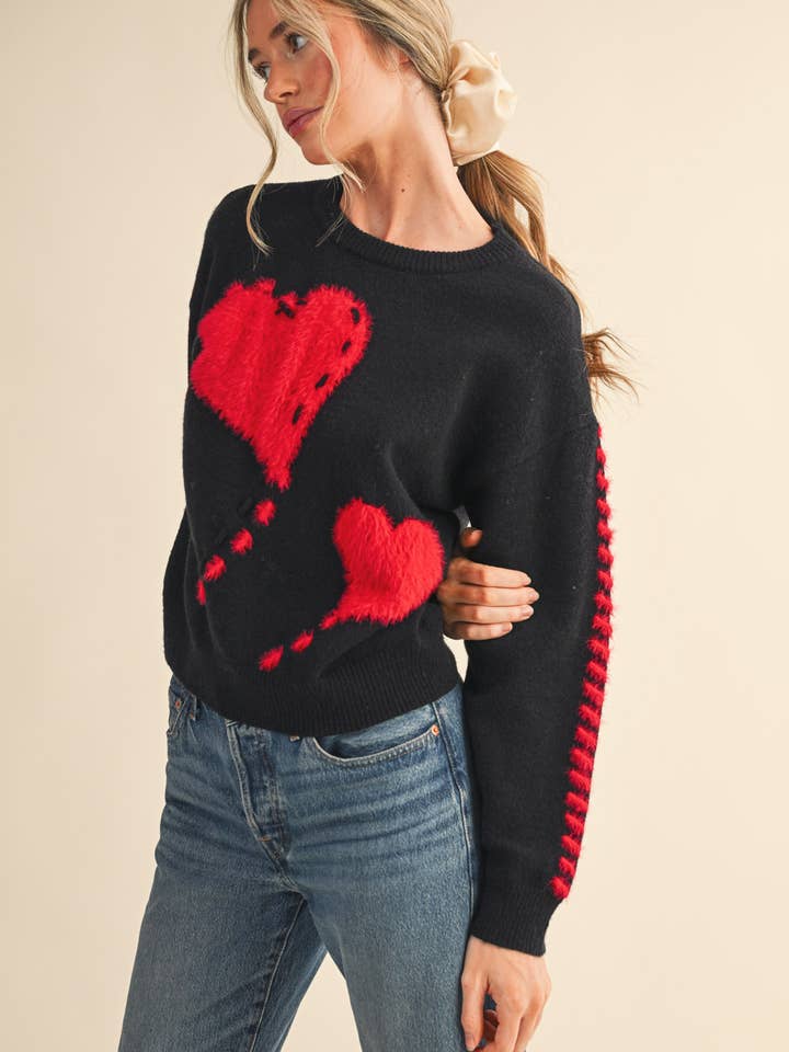 &MERCI - Wholesale Knit Sweater - Women's - FUZZY HEART KNIT SWEATER WITH WHIP STITCH MSW109903