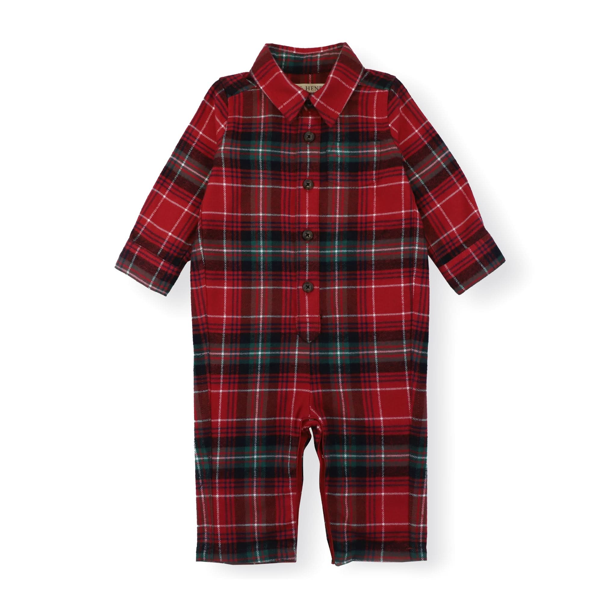 Rich Red Plaid Long Sleeve Button Front Romper for wholesale on Faire0