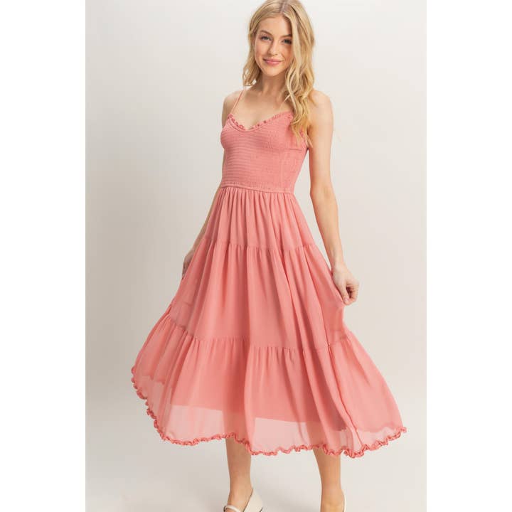 HYFVE - Wholesale Dress - Women's - HF25A760-Chiffon Smocked Bodice Tiered Midi Dress