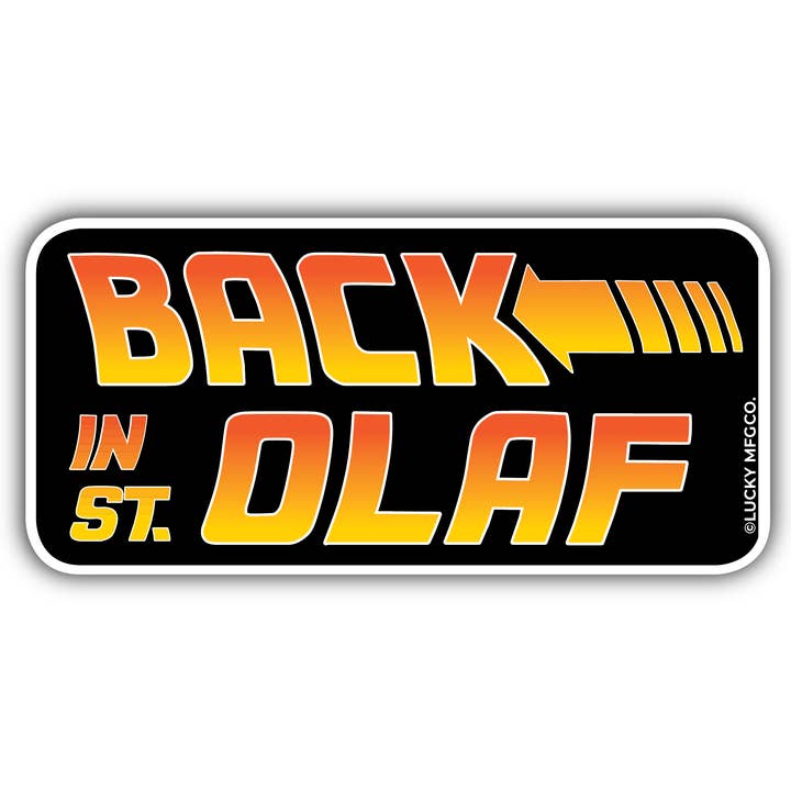 Back in St. Olaf Back to The Future Logo Vinyl Sticker for wholesale by Lucky Mfg. Co.