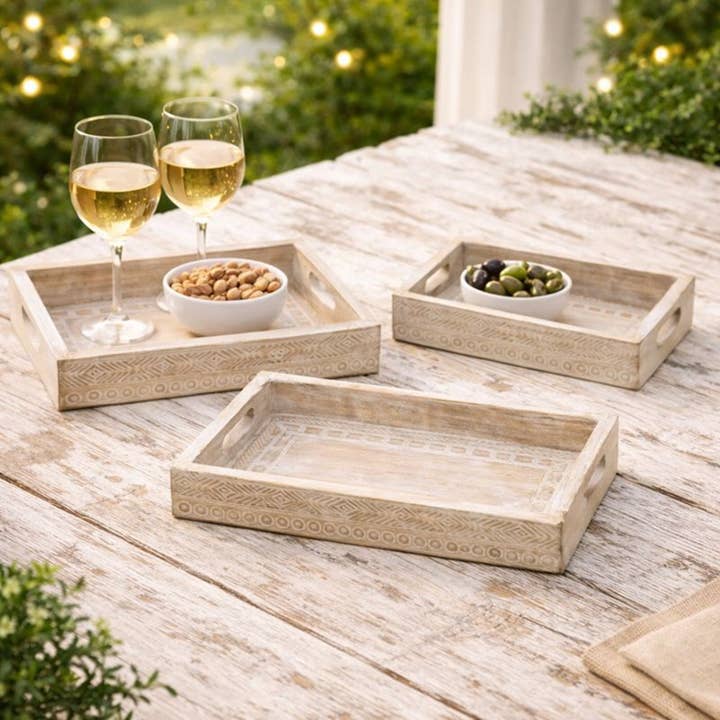 Wood Serving Tray | Distress White Wooden Nested Tray, 3 Pcs for wholesale by ExpoBazaar