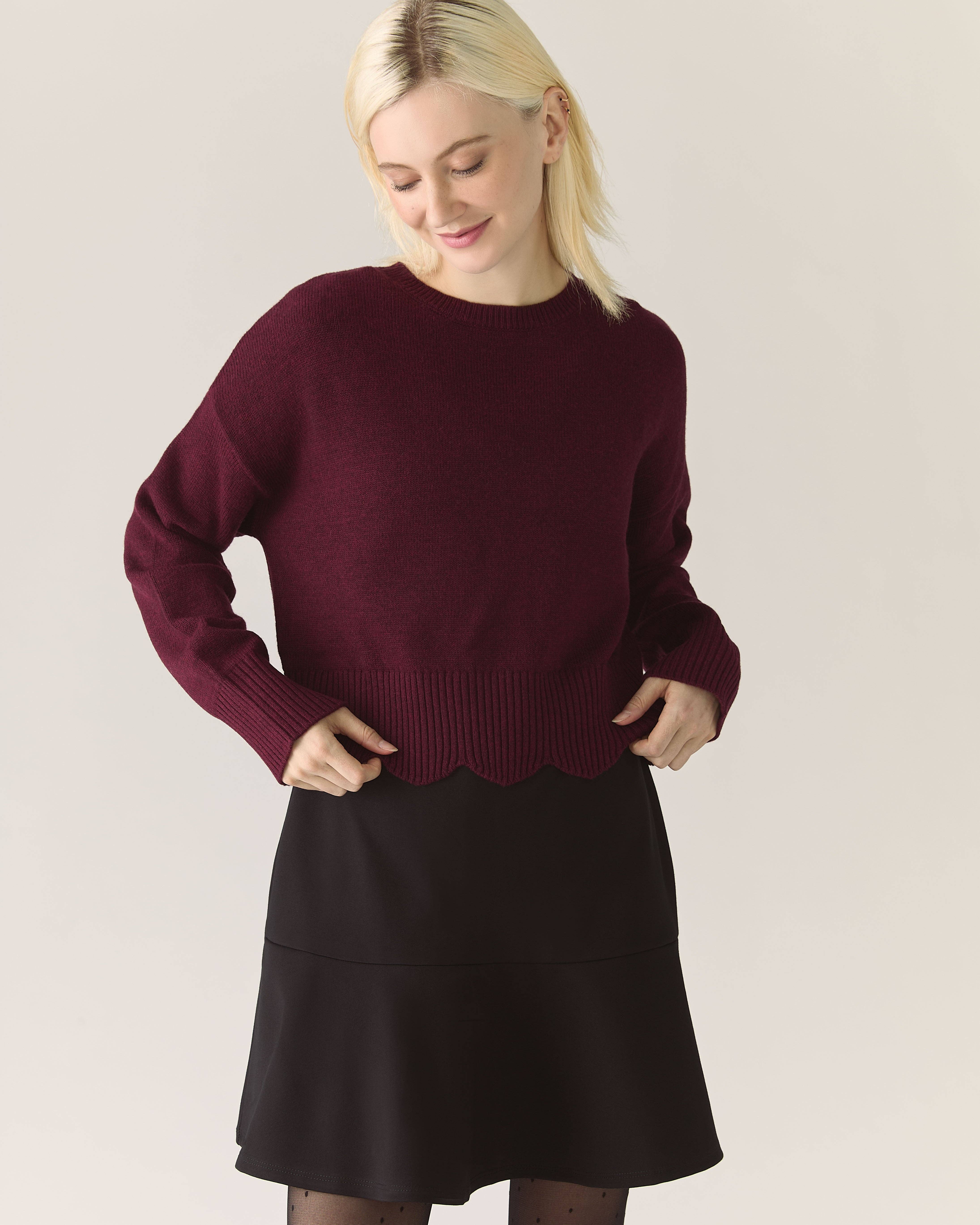 Rachel - Wholesale Knit Sweater - Women's - Scalloped Edge Pullover Responsible Merino in Zinfandel3