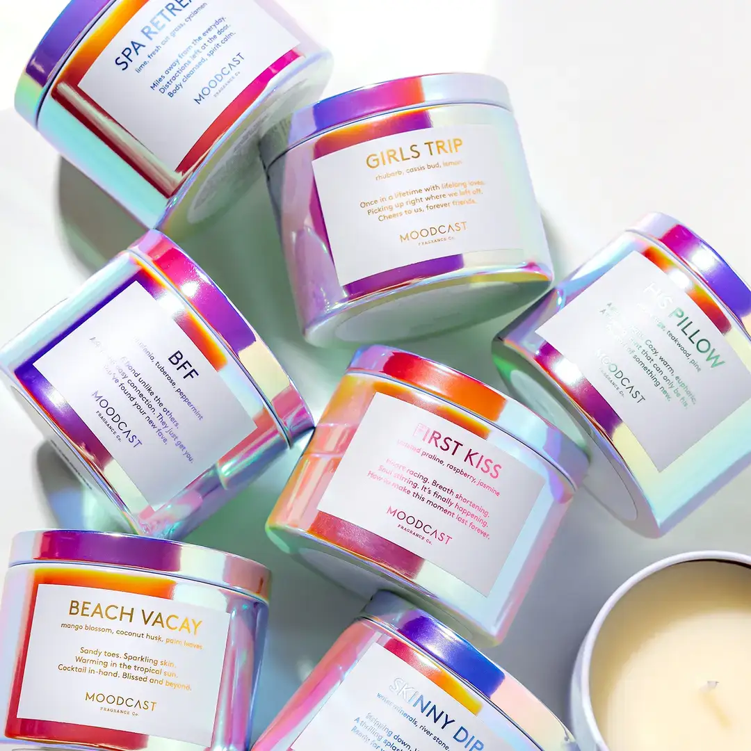 Moodcast Fragrance Co. - Venta al por mayor Velas de diseño llamativo - Vela de cera de coco - Vibes - Skinny Dip - Lata de 3 oz2