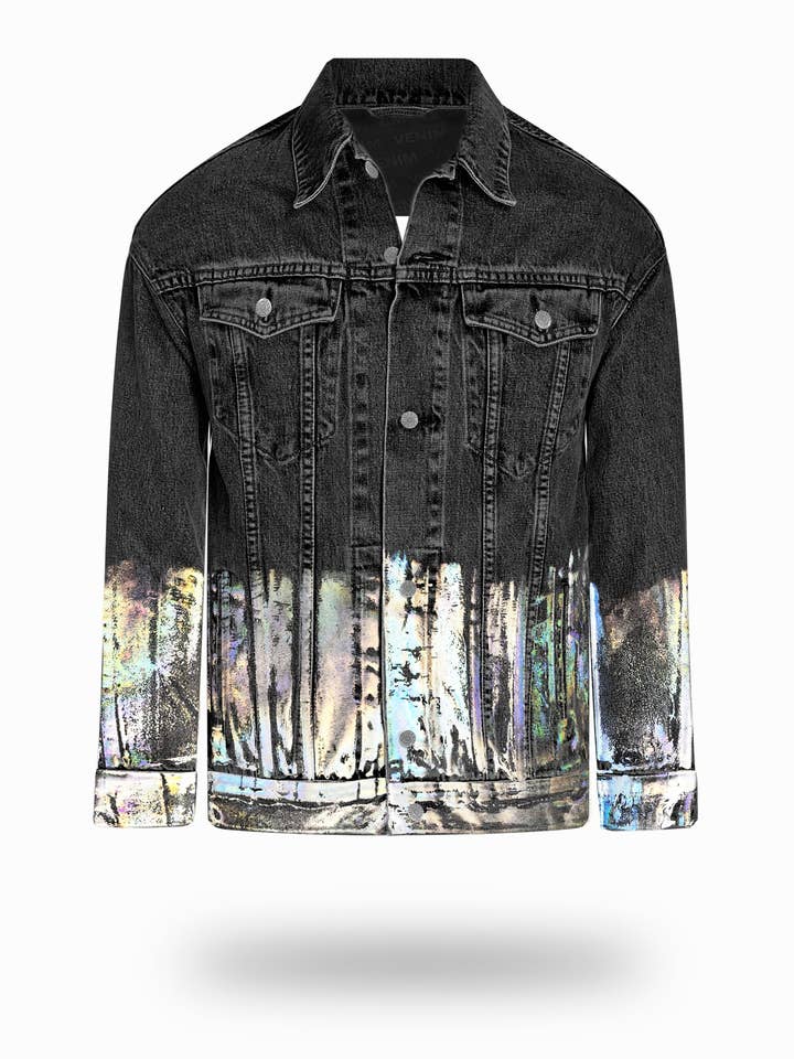 Longer Washed Black Denim Jacket with Holographic Foil for wholesale by VENIM