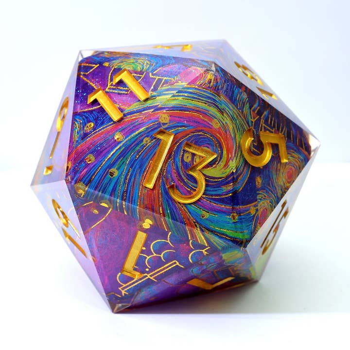 Vergoldetes Universum | 50mm D20 | Überdimensionierter Kunstkern-Würfel für den Großhandel von Tabletop Dominion Limited