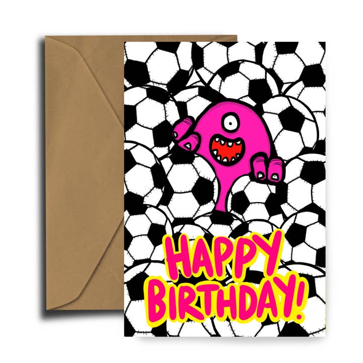 ¡Balones! Monstruo del fútbol - Tarjeta de cumpleaños para venta al por mayor de Dixon Does Doodles