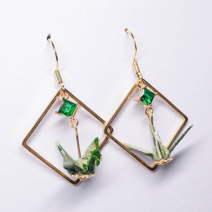 Small Crane and Zircon in Square Hoops for wholesale by Kamyi.Art Origami Designs