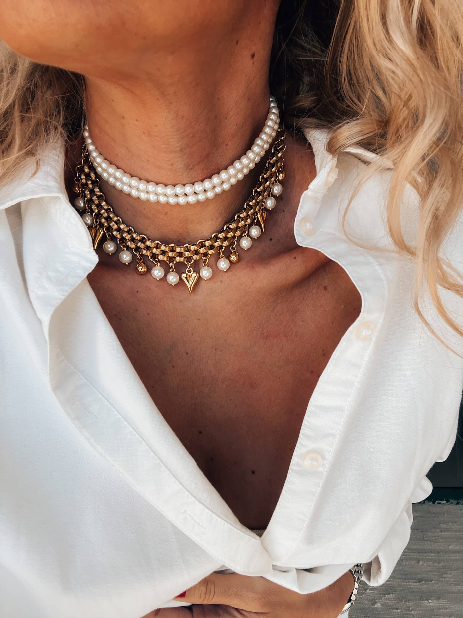 Goupi - Wholesale Choker/Collar - White pearls double choker and gold chain necklace