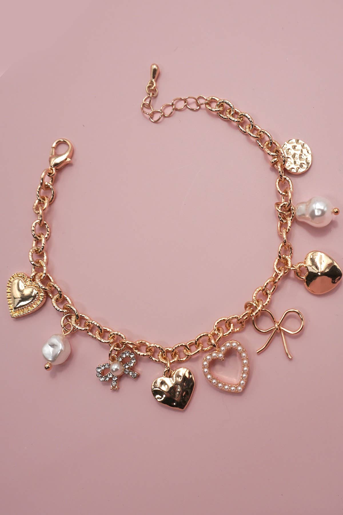 Gold CHARM BRACELET-BOW HEART PEARL DISC CHARMS | 80B1290 for wholesale on Faire